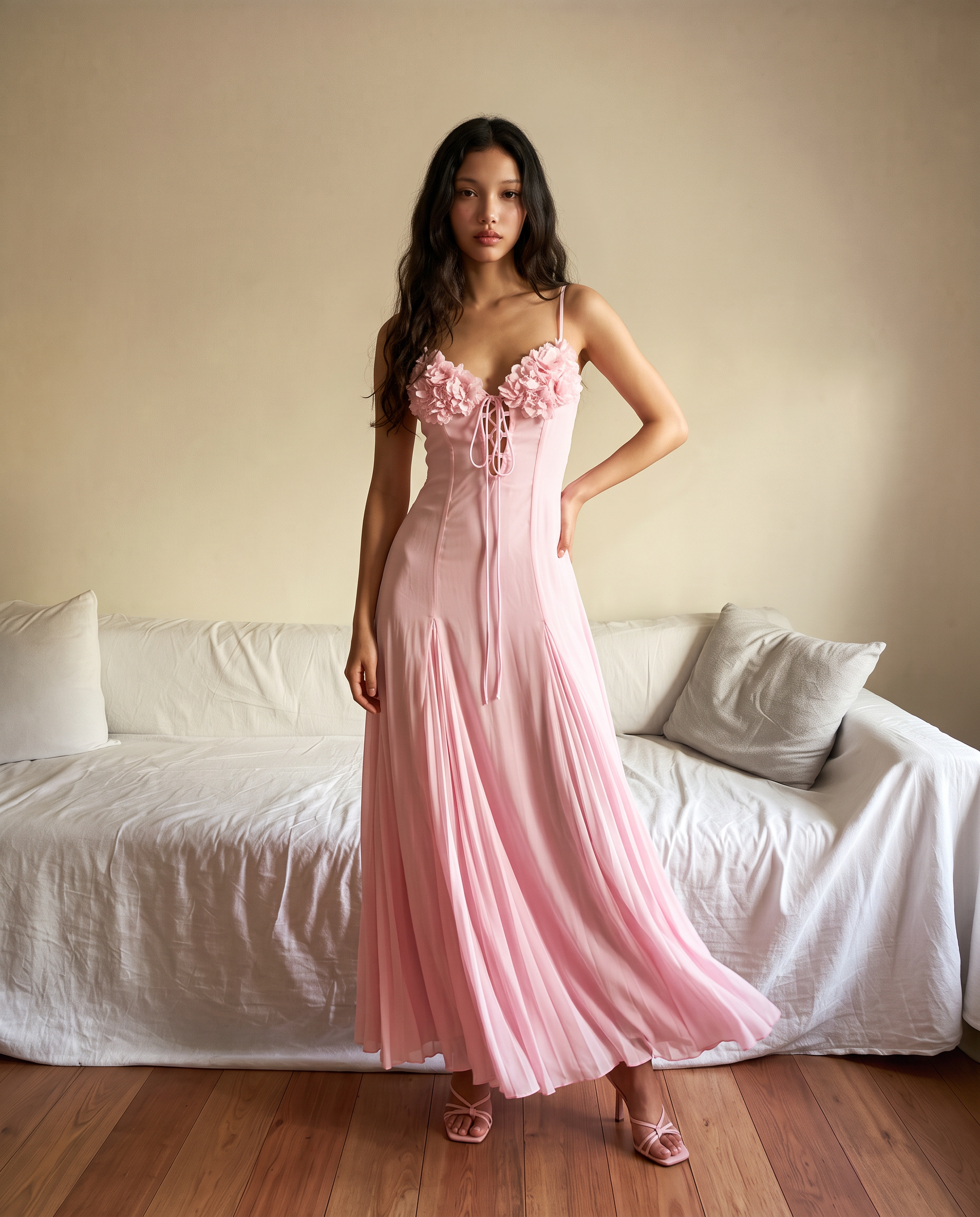Prettylittlething Baby Pink Petite Baby Pink Floral Bust Tie Front Chiffon Godet Maxi Dress | PrettyLittleThing USA