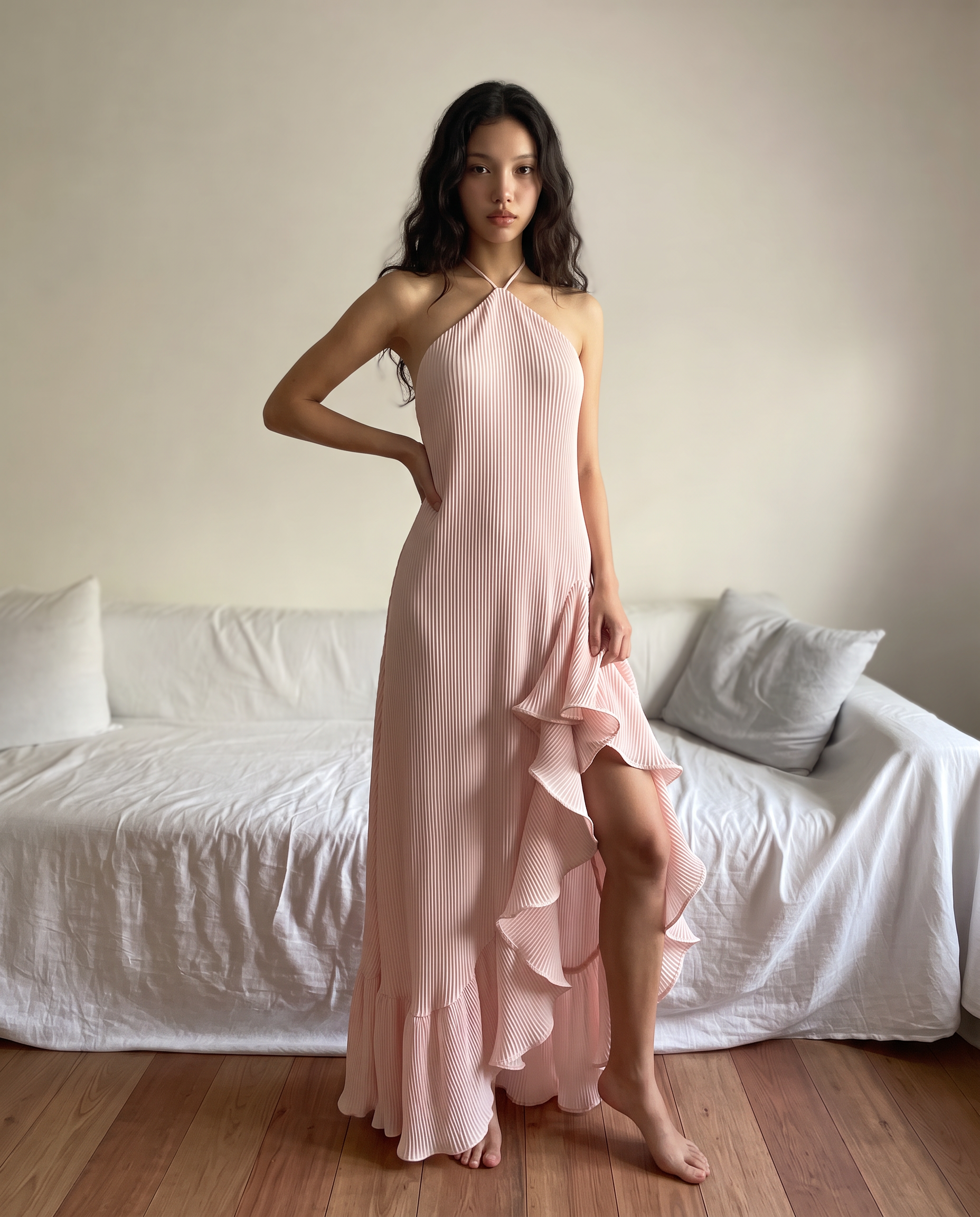 Prettylittlething Baby Pink Satin Plisse Frill Detail Maxi Dress | PrettyLittleThing USA